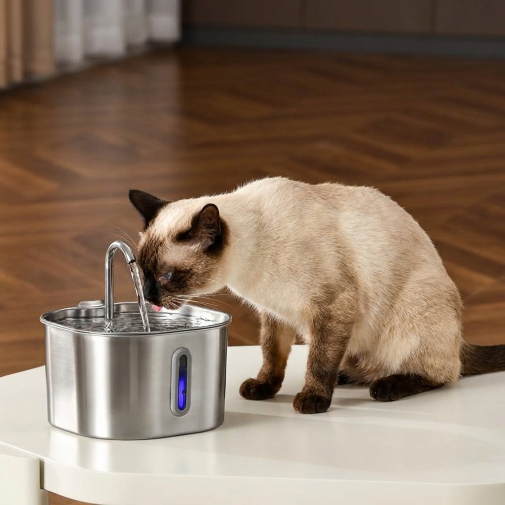 Chat siamois qui boit à la fontaine Meowlia en inox