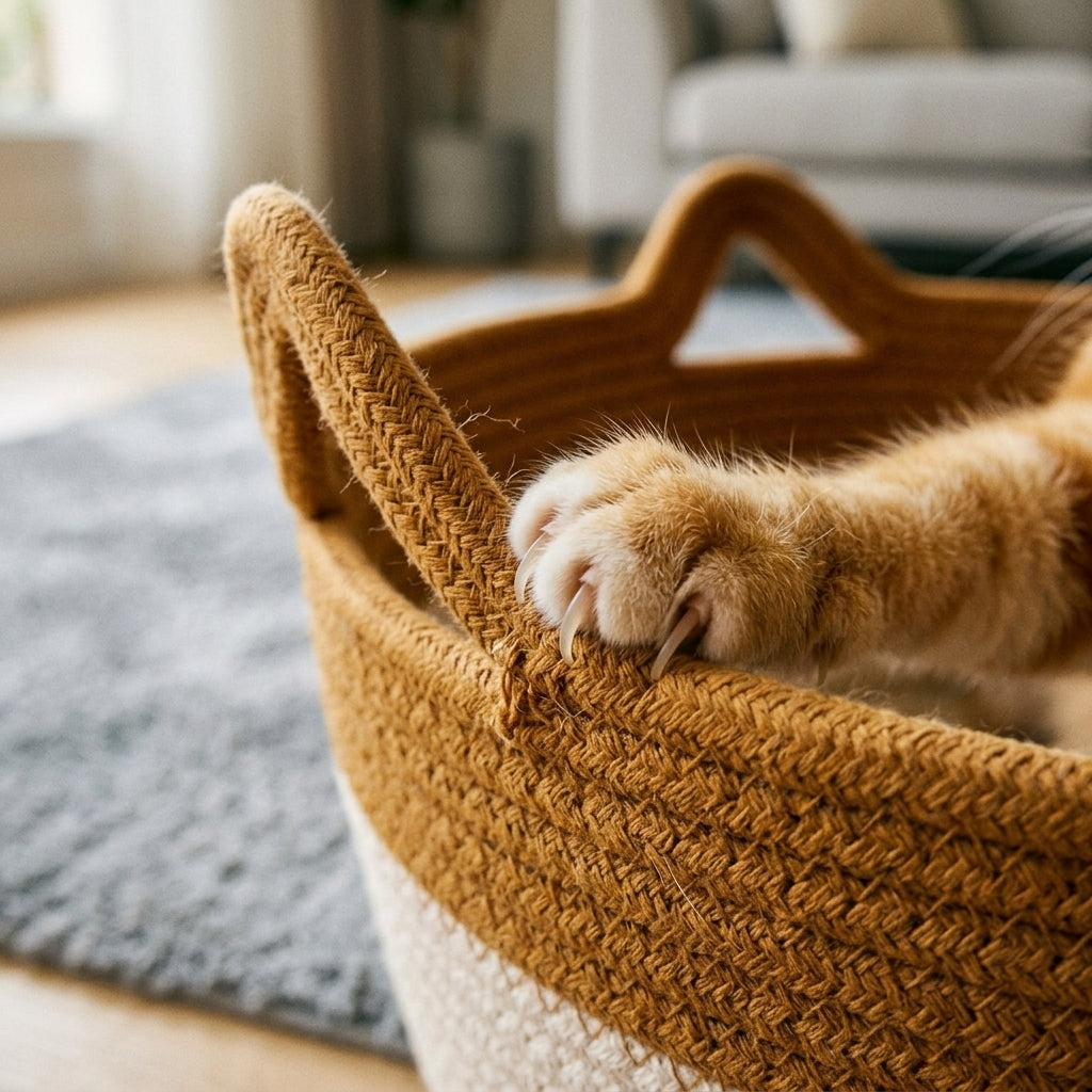 Chat qui fait ses griffes sur le rebord du panier
